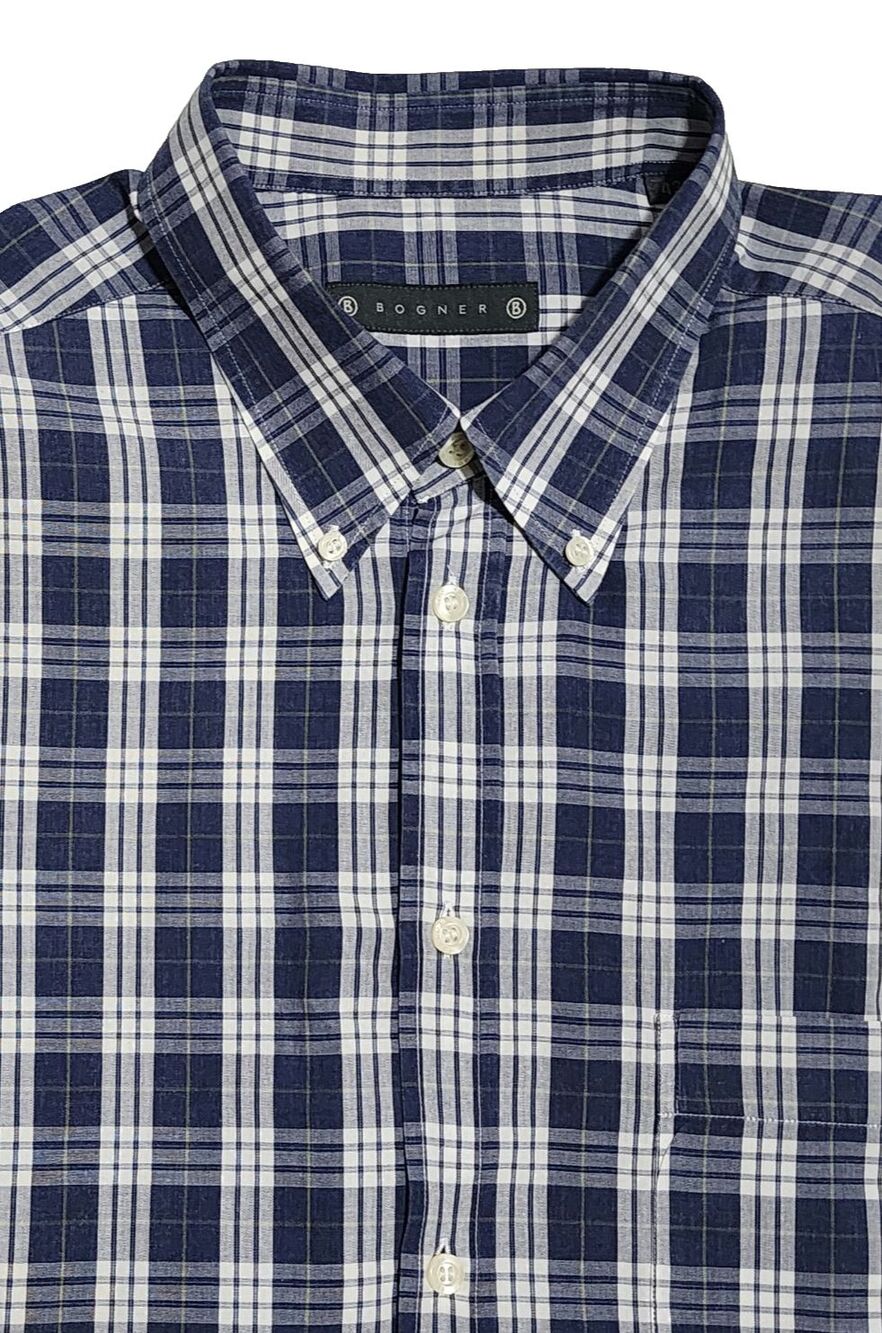 Bogner From House of BOGGI Plaid Shirt Mens 41 16 L Blue Beige Cotton LS Button